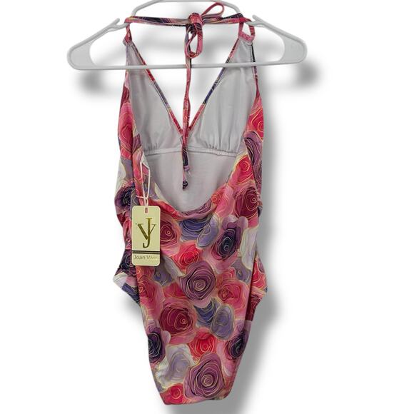 NWT Joan Vass Pink Rose Floral One Piece Swimsuit Size Medium Halter Ruched NEW - Picture 7 of 8